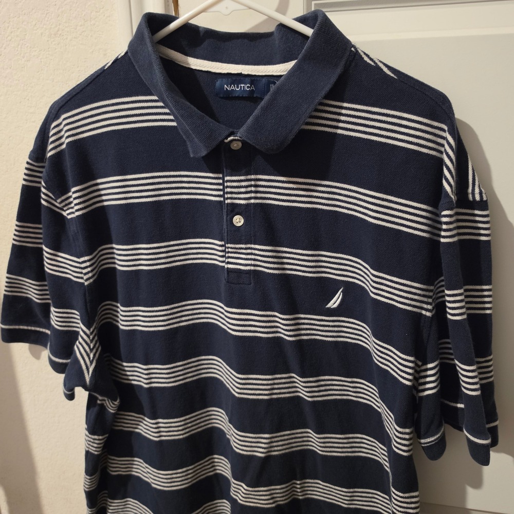 Nautica Mens XXL Navy Blue White Striped Short Sleeve Pique Polo Shirt Logo